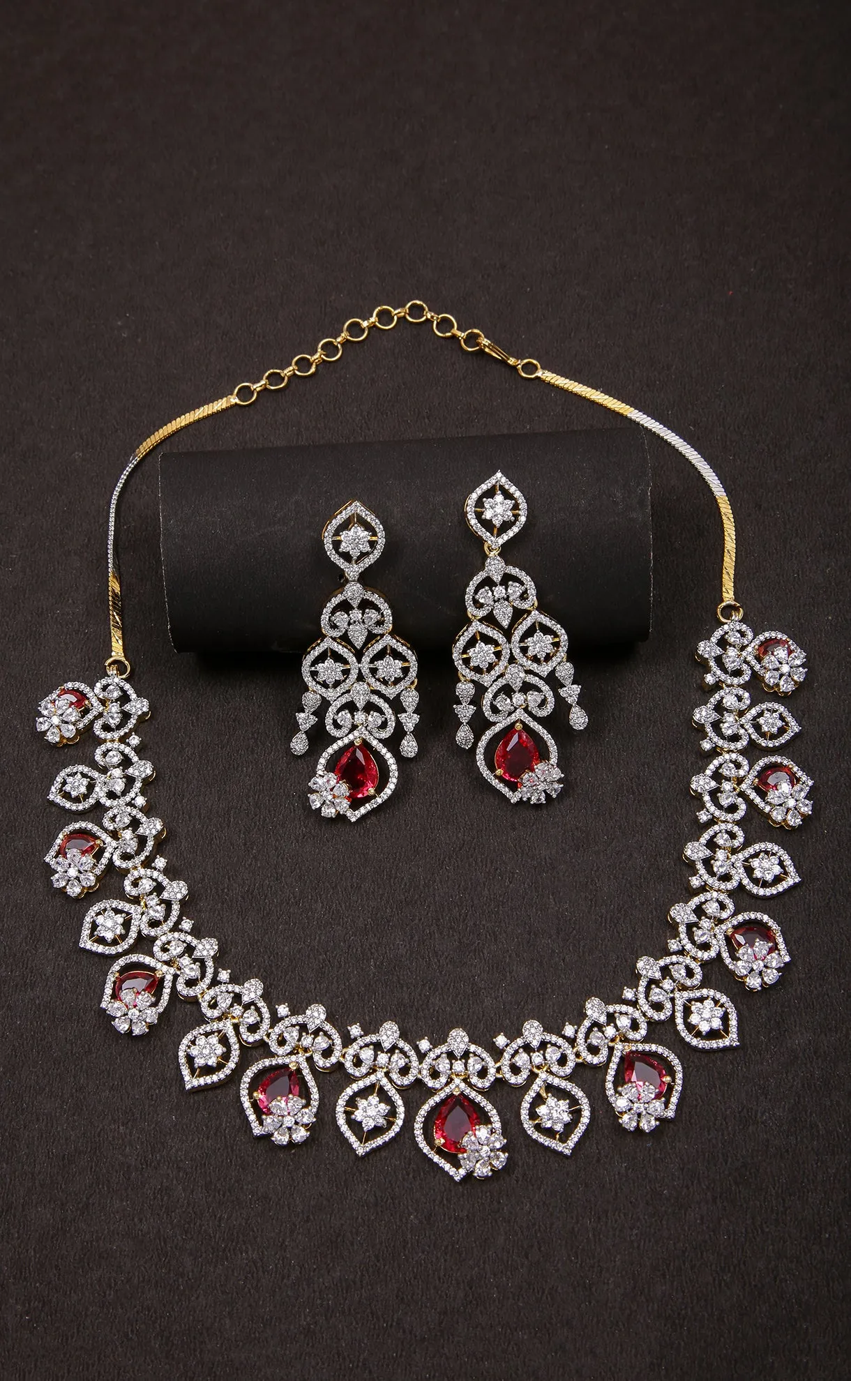 Designer Semi-Precious American Diamond Ruby Necklace with Earrings (D990)