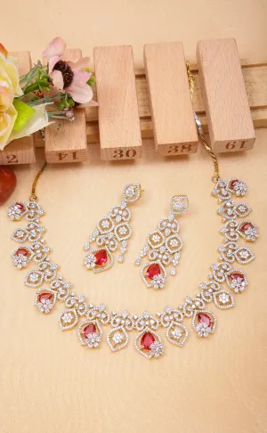 Designer Semi-Precious American Diamond Ruby Necklace with Earrings (D990)