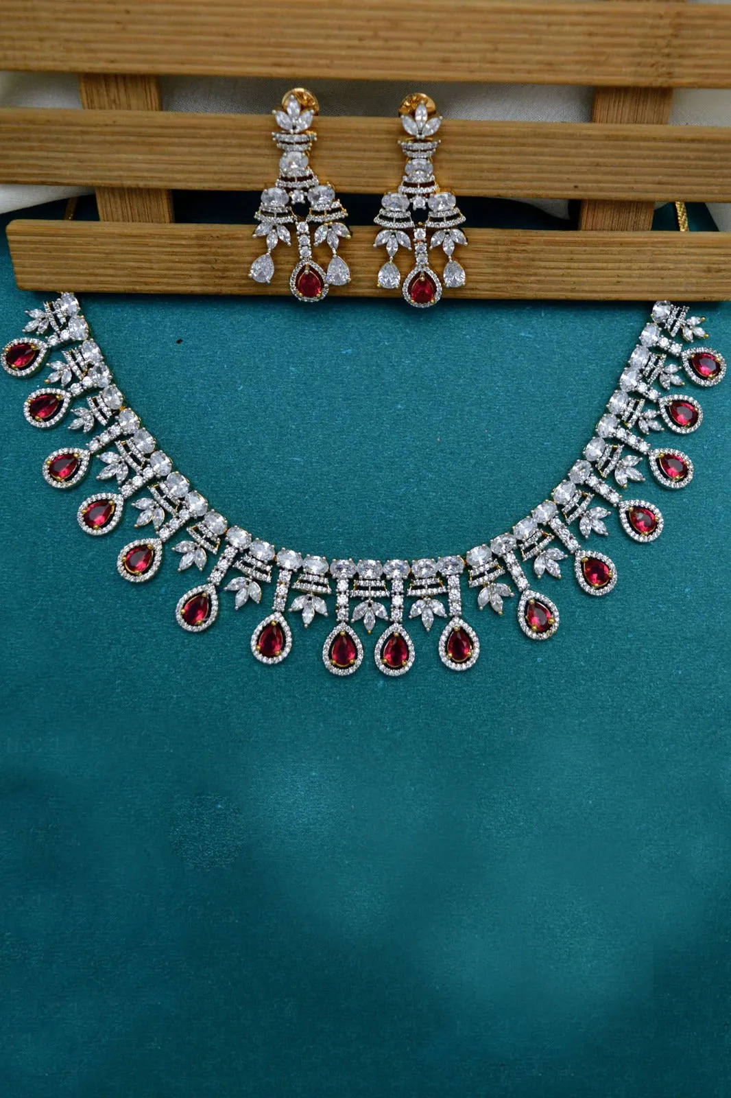 Designer Semi-Precious American Diamond Ruby Necklace with Earrings (D991)