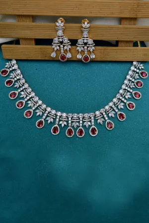 Designer Semi-Precious American Diamond Ruby Necklace with Earrings (D991)