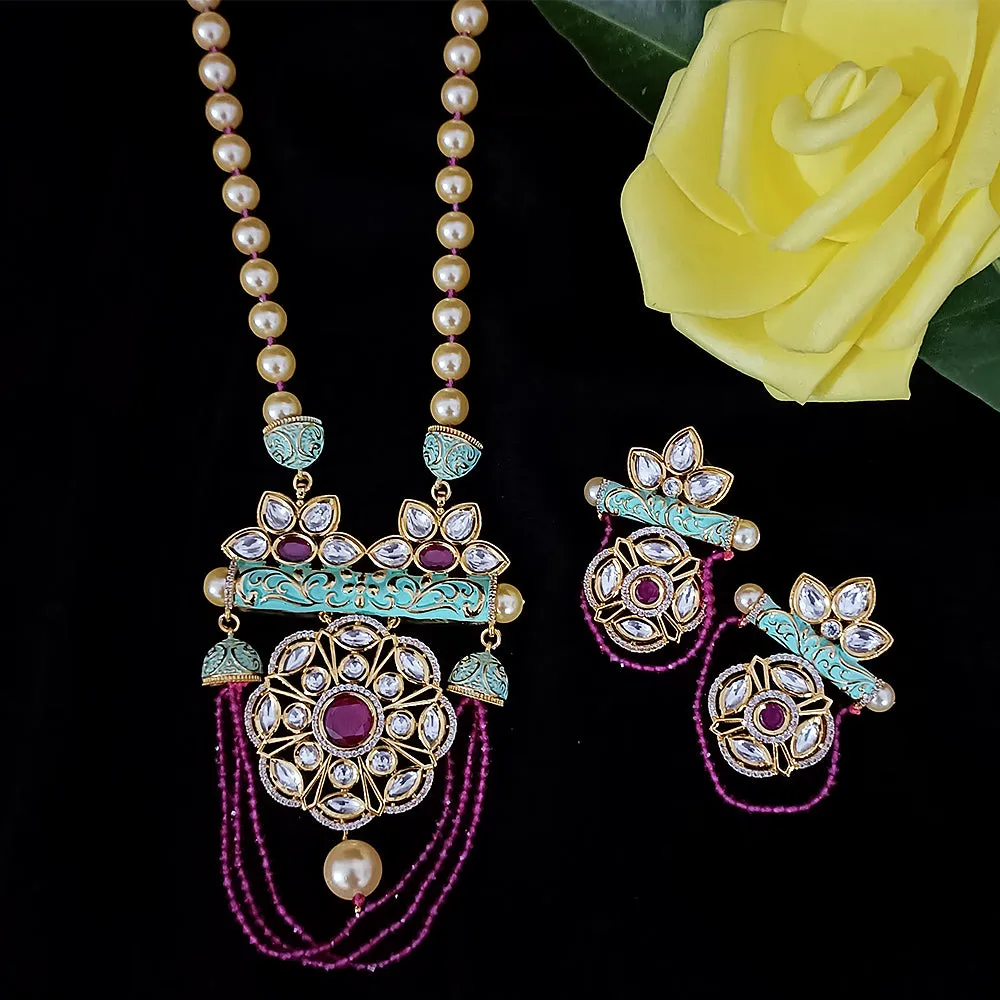 Designer White Kundan & Ruby Long Necklace with Earrings (D184)