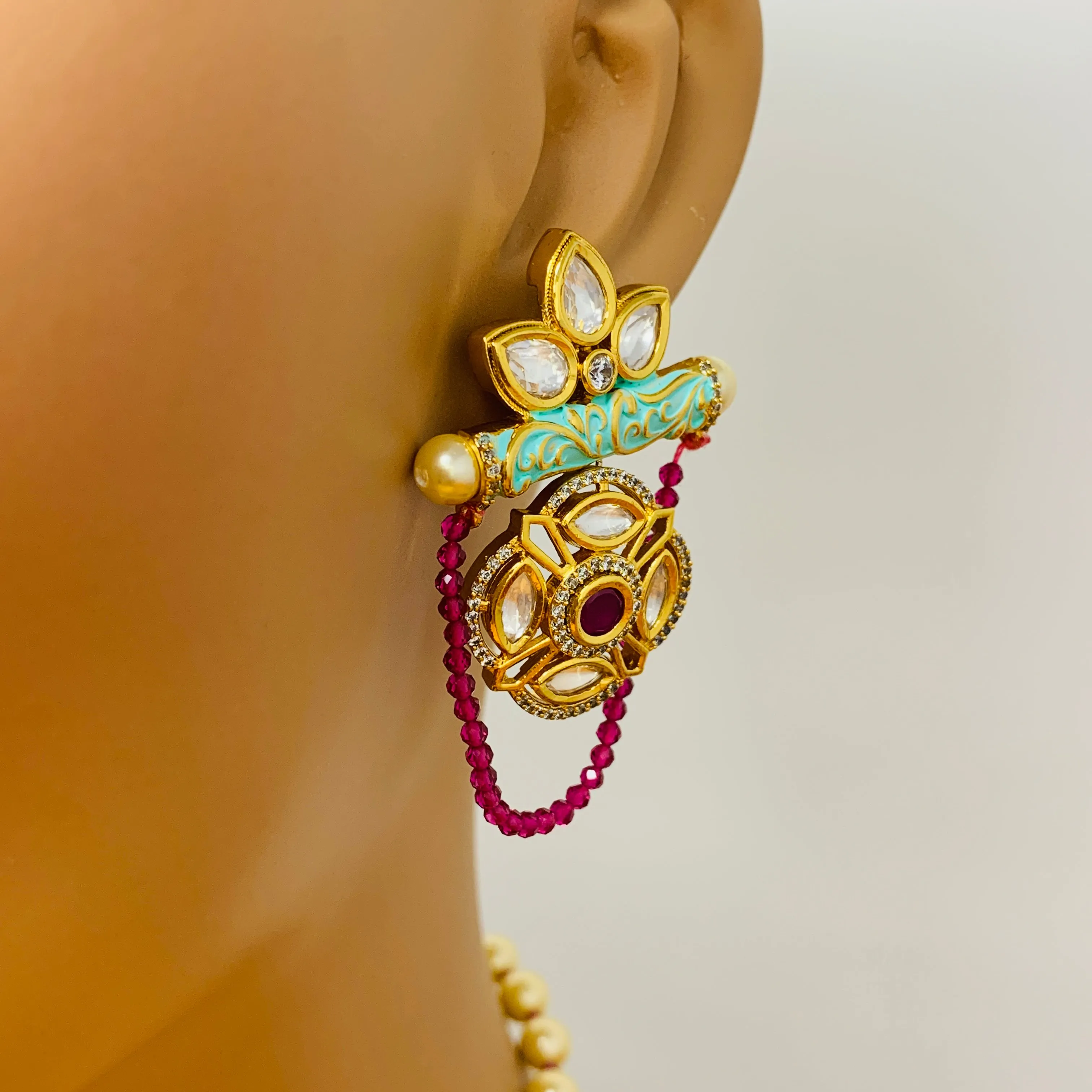Designer White Kundan & Ruby Long Necklace with Earrings (D184)