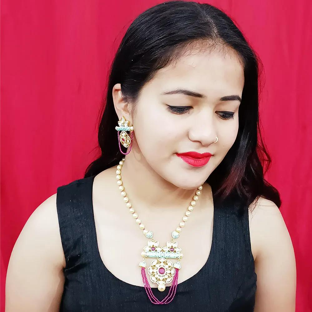 Designer White Kundan & Ruby Long Necklace with Earrings (D184)