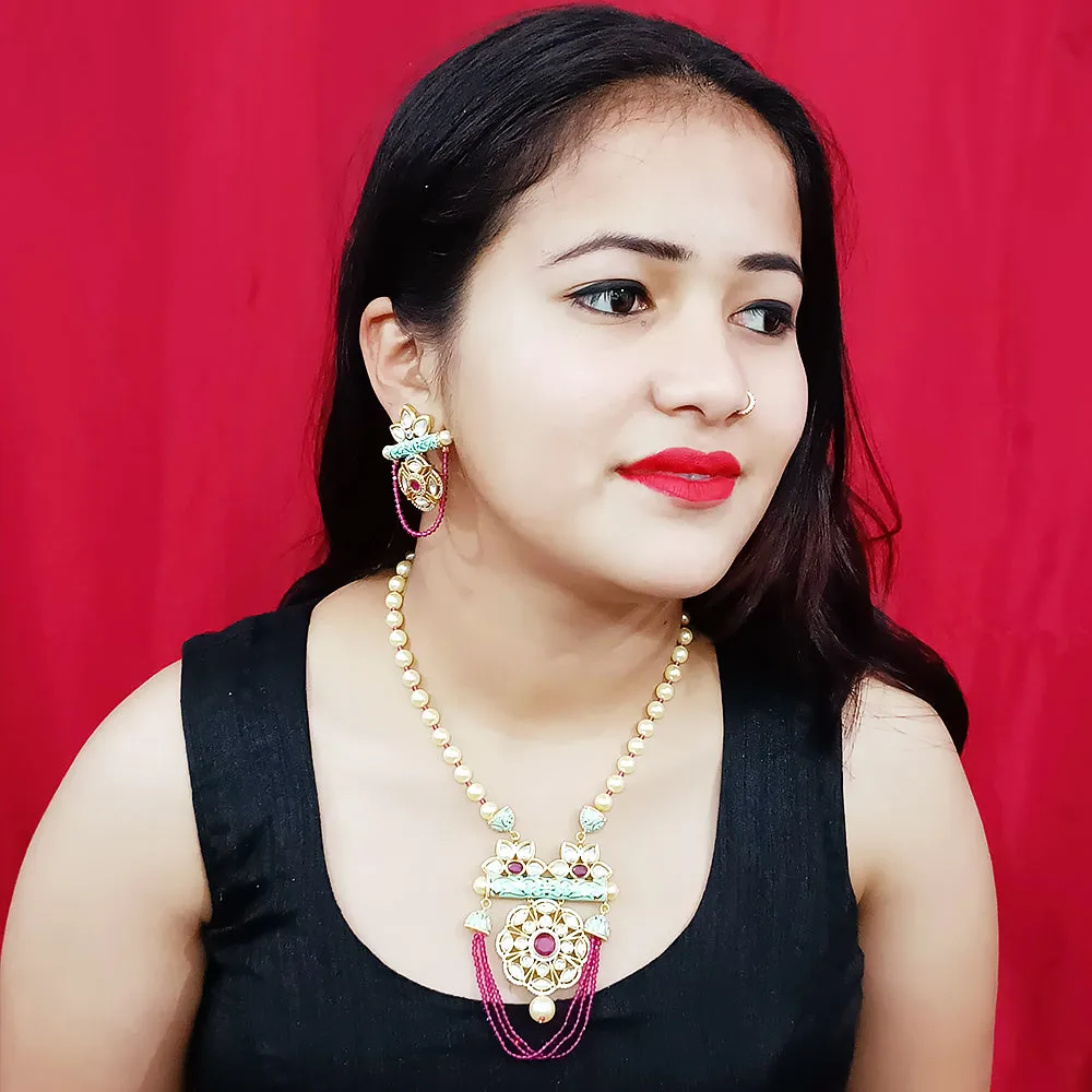 Designer White Kundan & Ruby Long Necklace with Earrings (D184)