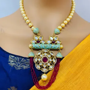 Designer White Kundan & Ruby Long Necklace with Earrings (D184)