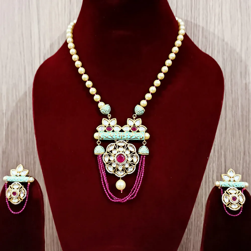 Designer White Kundan & Ruby Long Necklace with Earrings (D184)