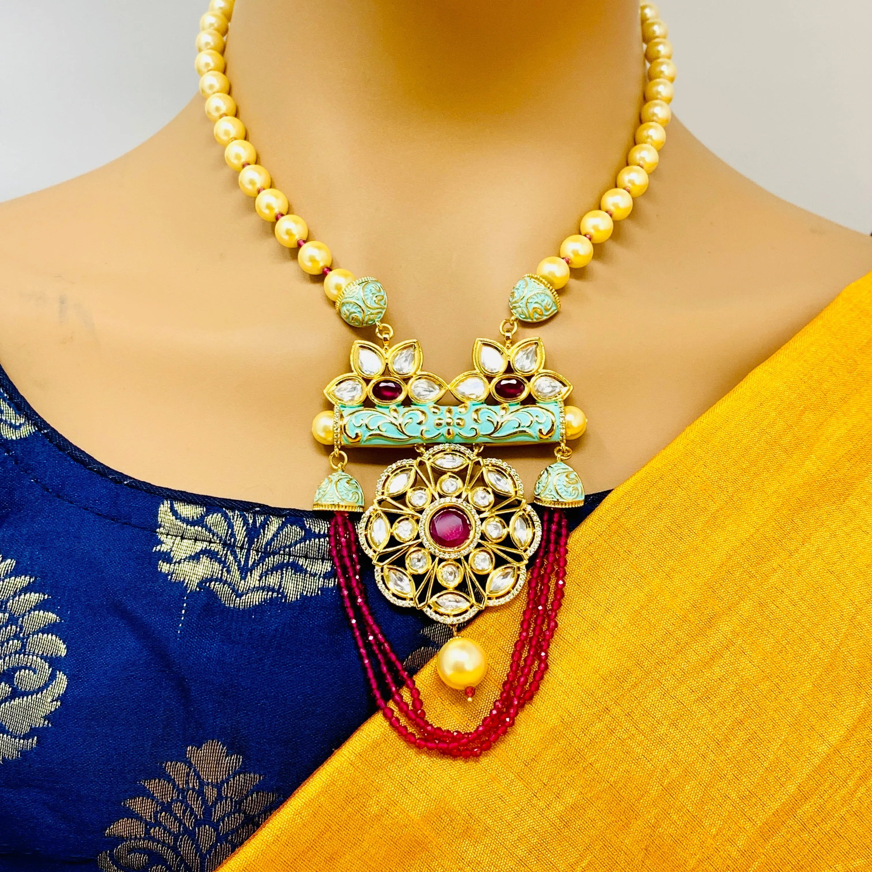 Designer White Kundan & Ruby Long Necklace with Earrings (D184)