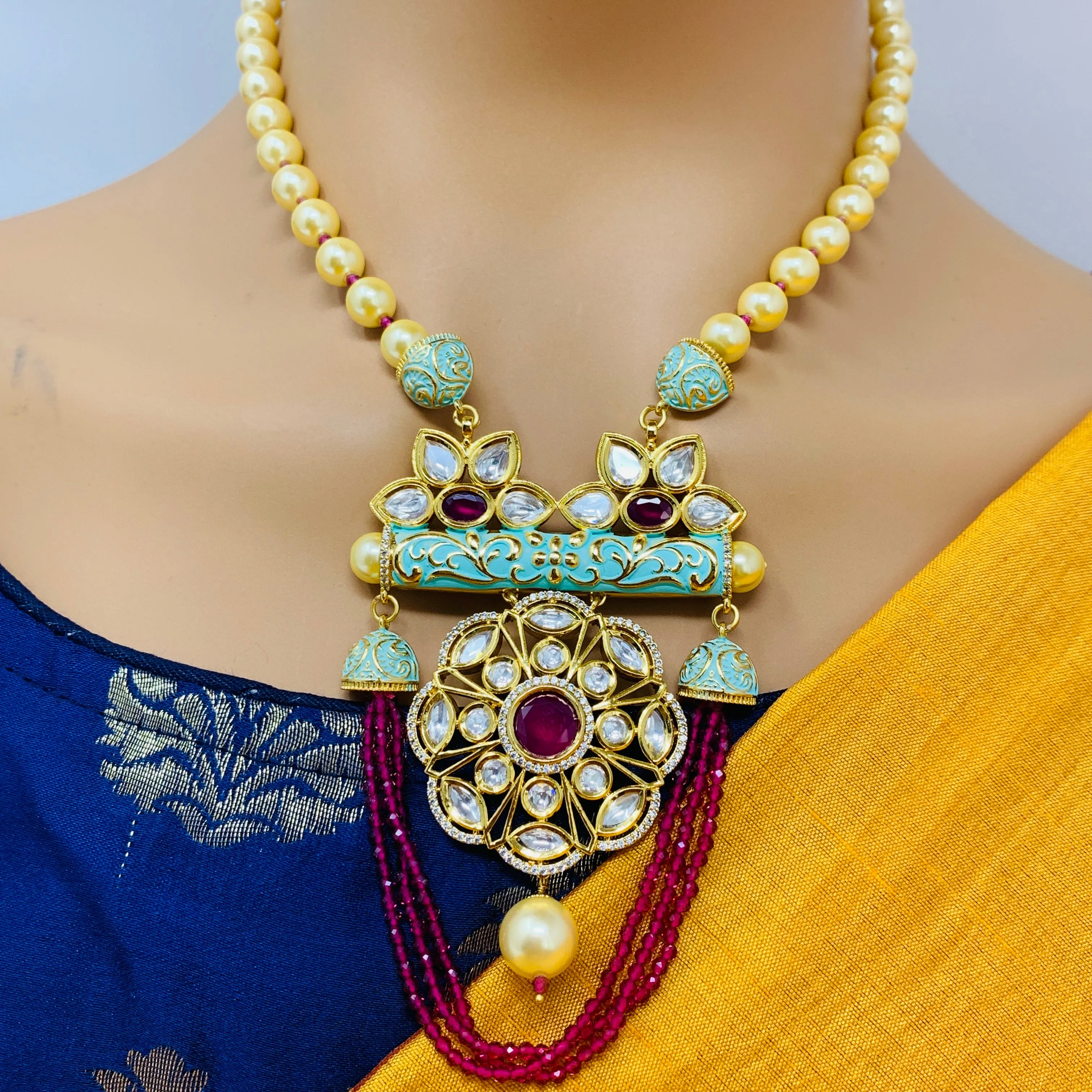Designer White Kundan & Ruby Long Necklace with Earrings (D184)