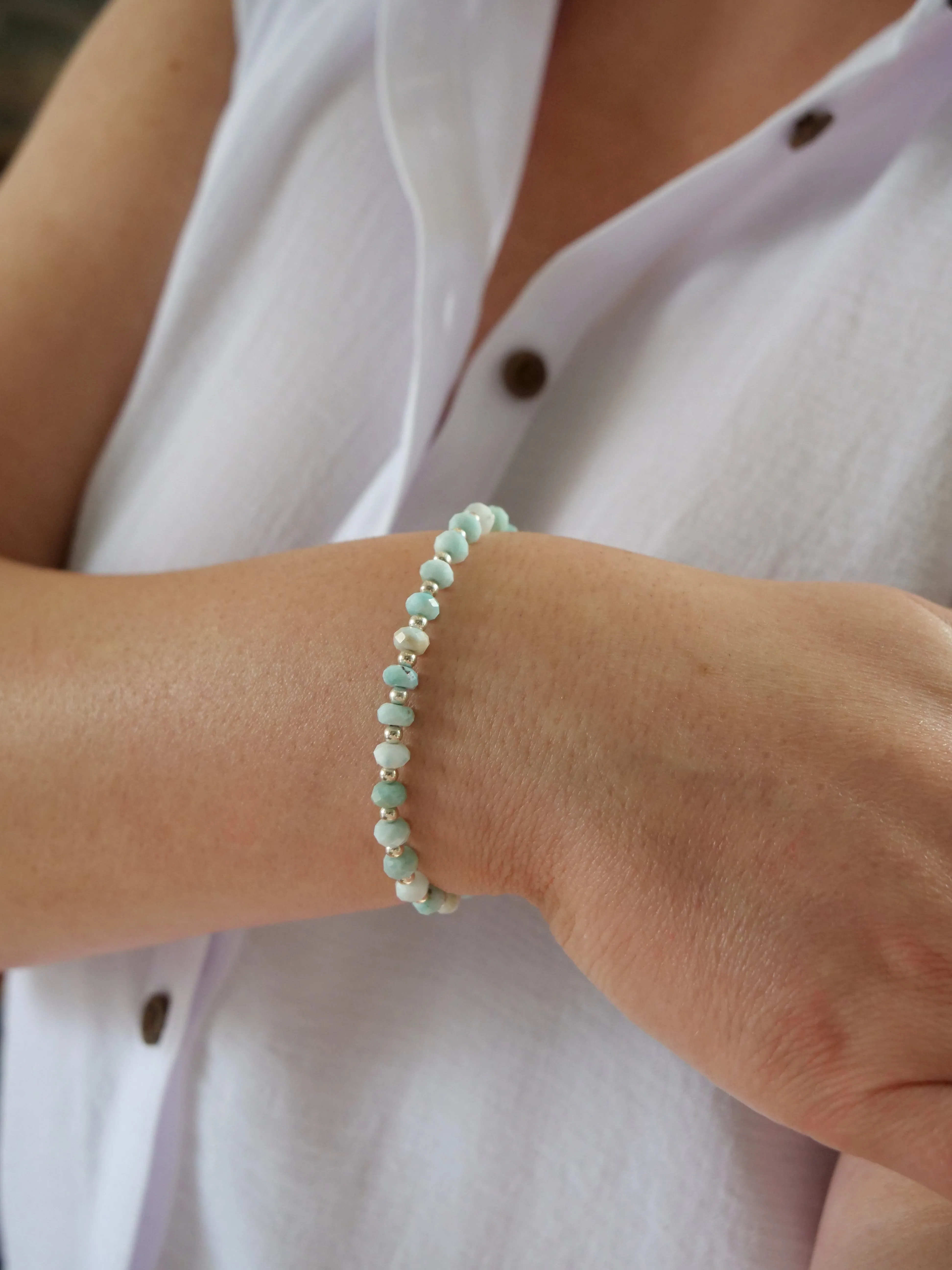 Dominican Larimar 5mm Beaded Natural Gemstone Sterling Silver Bracelet, Genuine Top Grade Gift Jewelry, Women Fashion Jewellery