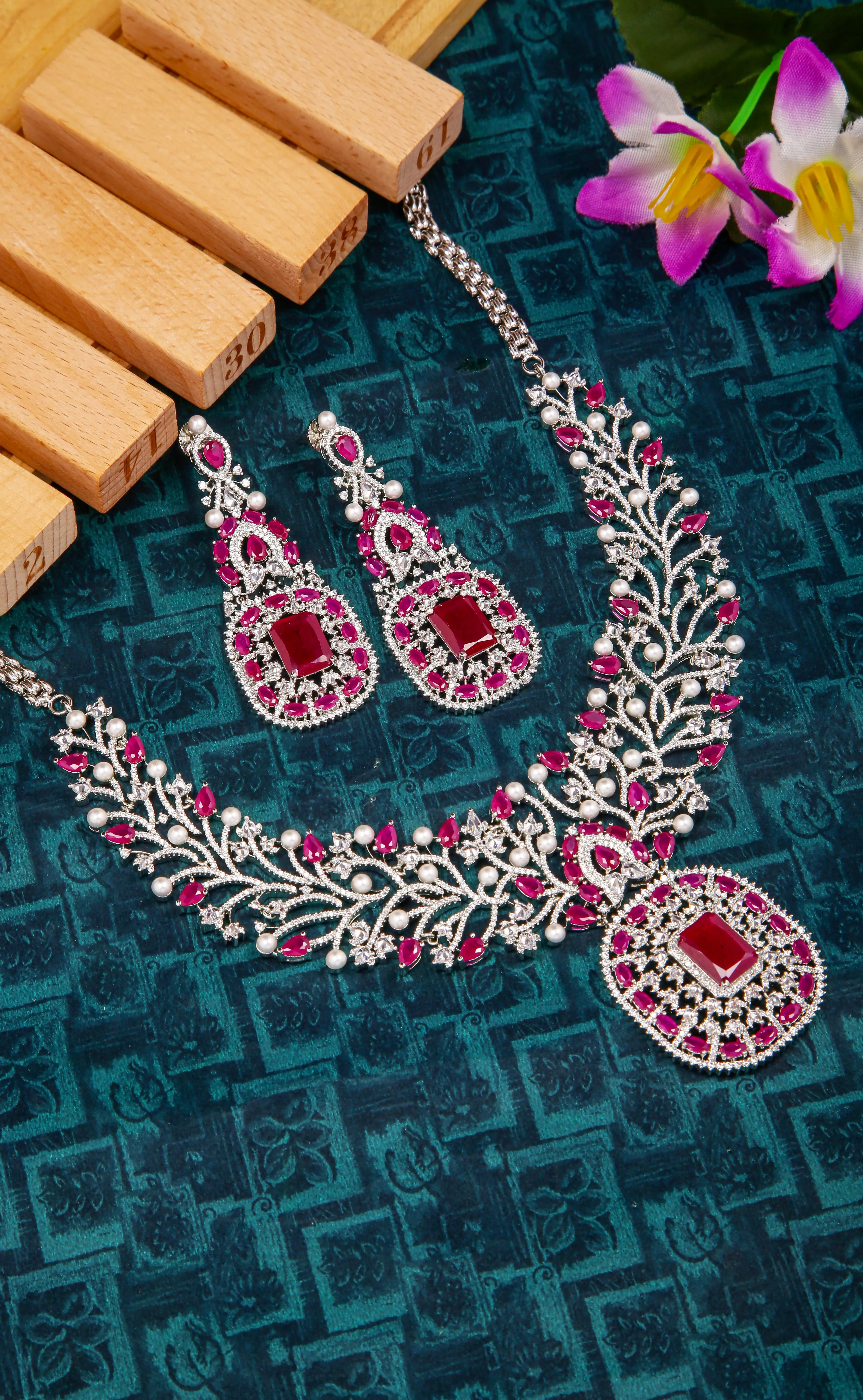 Elegant American Diamond Silver Plated Necklace with Earrings (D1030)