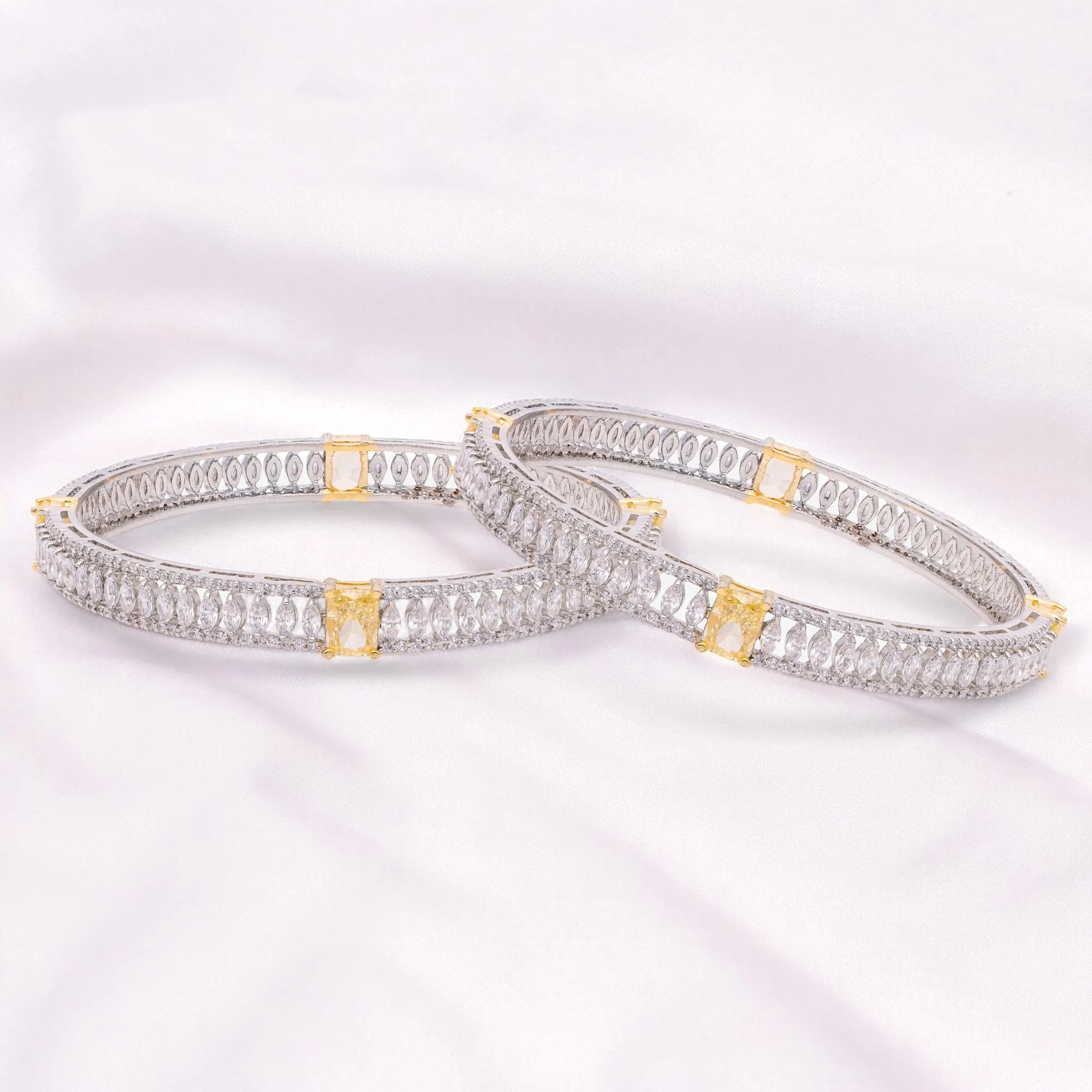 Elegant Fancy Shaped Sterling Silver Cubic Zirconia Studded Bangle Pair | SKU : 0020289775