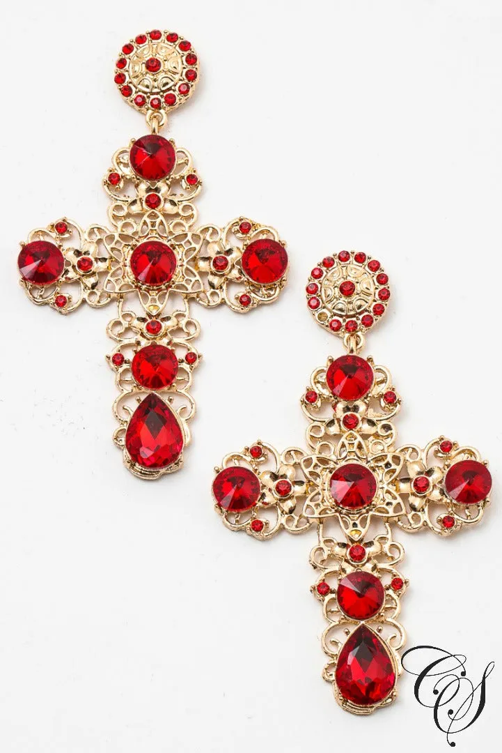 Elegant Gemstones Cross Earrings