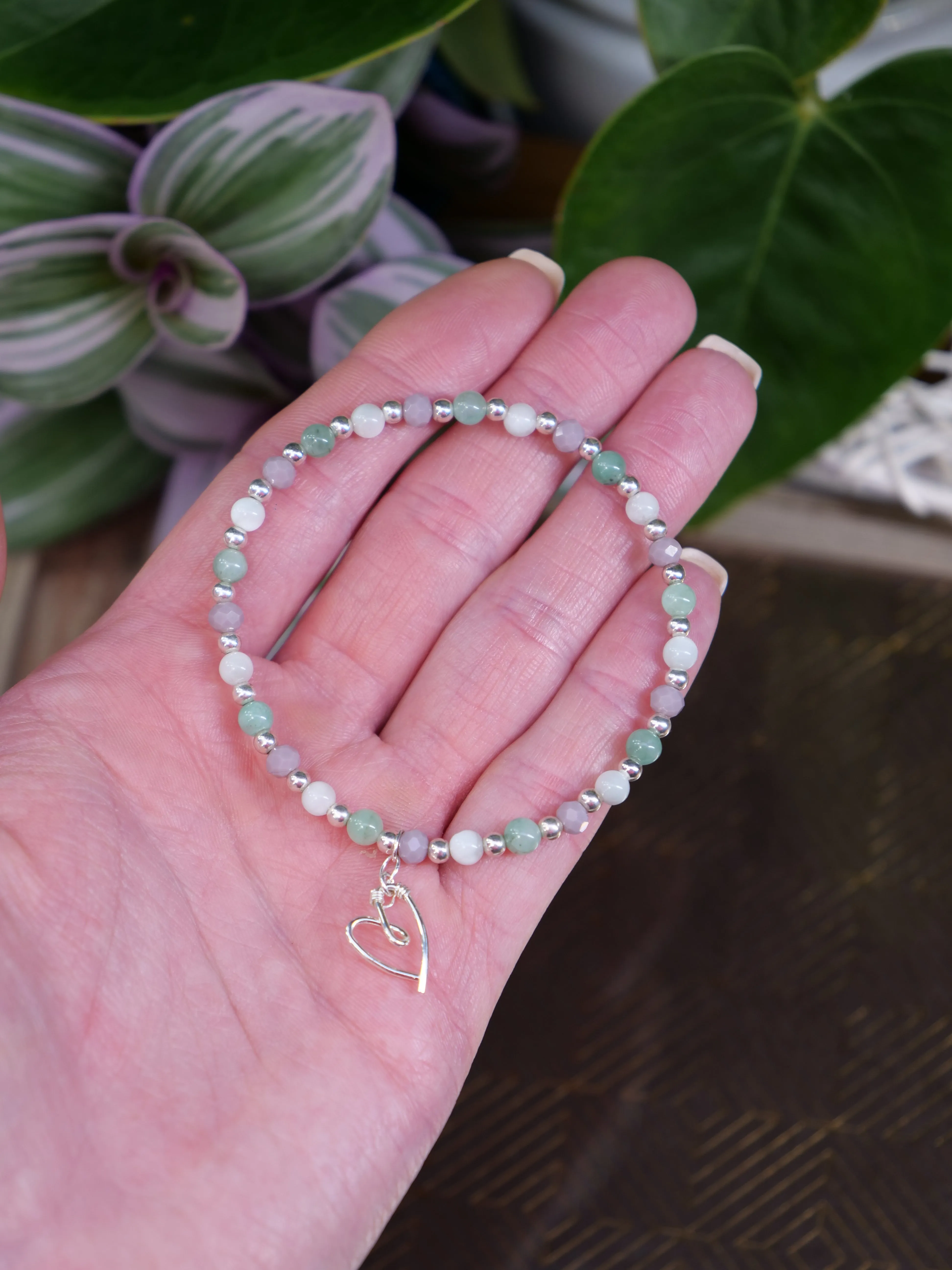 Emerald & Angelite Silver Elastic Gemstone Mix Heart Abstract Charm Bracelet, Genuine Top Grade Gift Jewelry, Women Fashion Jewellery