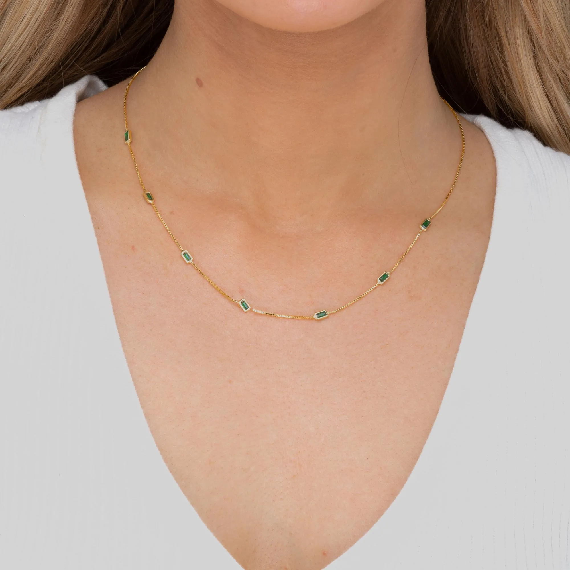 Emerald Baguette Station Necklace