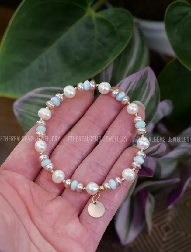 Freshwater Pearl & Larimar Beaded Natural Gemstone 14ct Gold Filled Elastic Bracelet, Genuine Top Grade Gift Jewelry