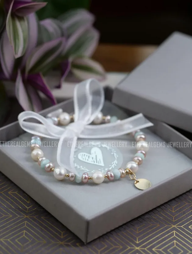 Freshwater Pearl & Larimar Beaded Natural Gemstone 14ct Gold Filled Elastic Bracelet, Genuine Top Grade Gift Jewelry