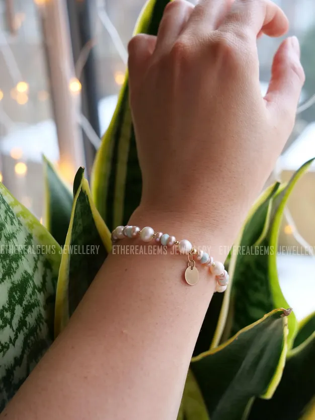 Freshwater Pearl & Larimar Beaded Natural Gemstone 14ct Gold Filled Elastic Bracelet, Genuine Top Grade Gift Jewelry