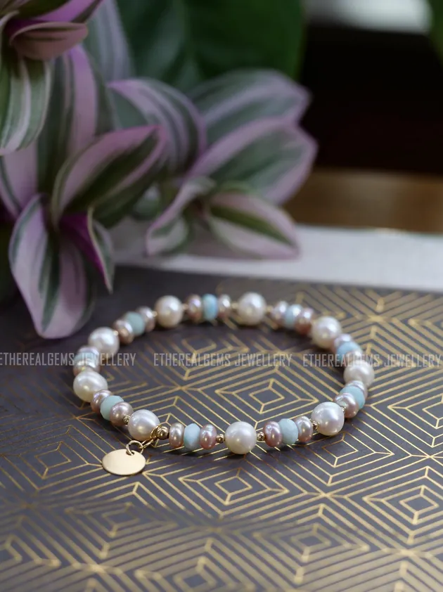 Freshwater Pearl & Larimar Beaded Natural Gemstone 14ct Gold Filled Elastic Bracelet, Genuine Top Grade Gift Jewelry