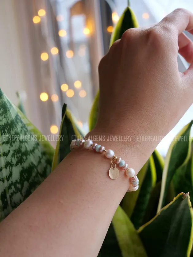 Freshwater Pearl & Larimar Beaded Natural Gemstone 14ct Gold Filled Elastic Bracelet, Genuine Top Grade Gift Jewelry