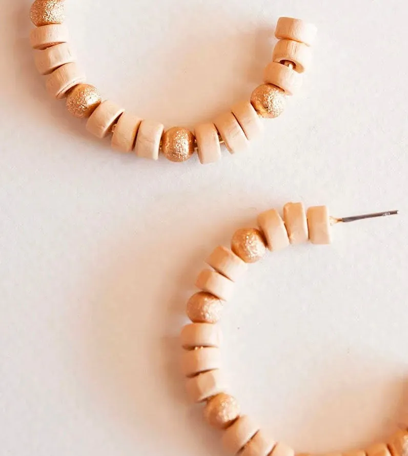Ginger Natural Wood and Gold Bead Hoop Earrings