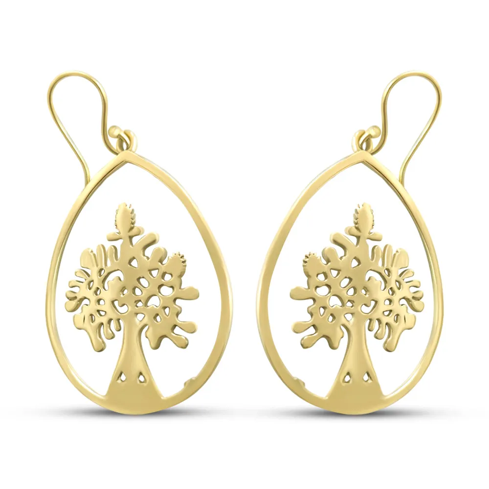 Gold Metal Tree of Life Teardrop Earrings