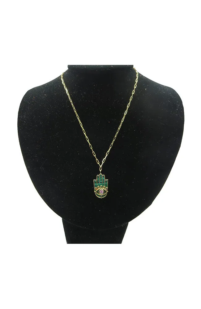 Gold Neck Green Hamsa