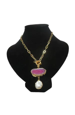 Gold Necklace Dark Amethyst Druzy Rnd FW Pearl Drop