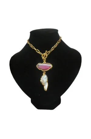 Gold Necklace Light Amethyst Druzy Oblong FW Pearl Drop
