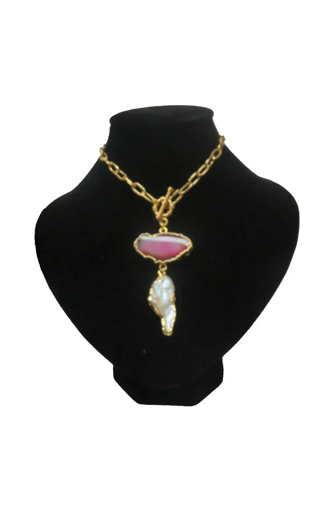 Gold Necklace Light Amethyst Druzy Oblong FW Pearl Drop
