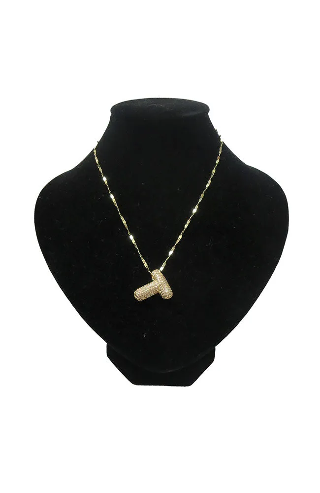 Gold Pave Puffy T Necklace