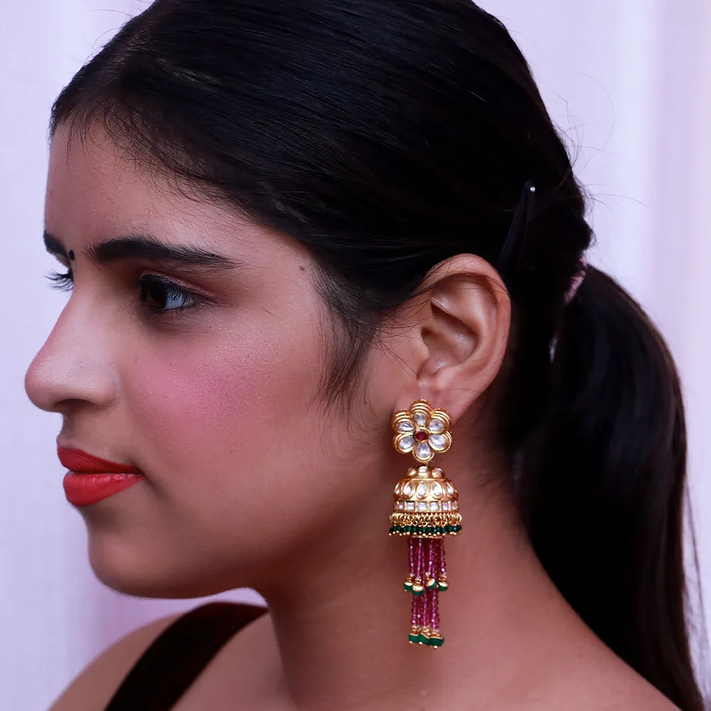 Gold Plated Beautifully Royal Kundan & Ruby Beaded Earrings (E536)