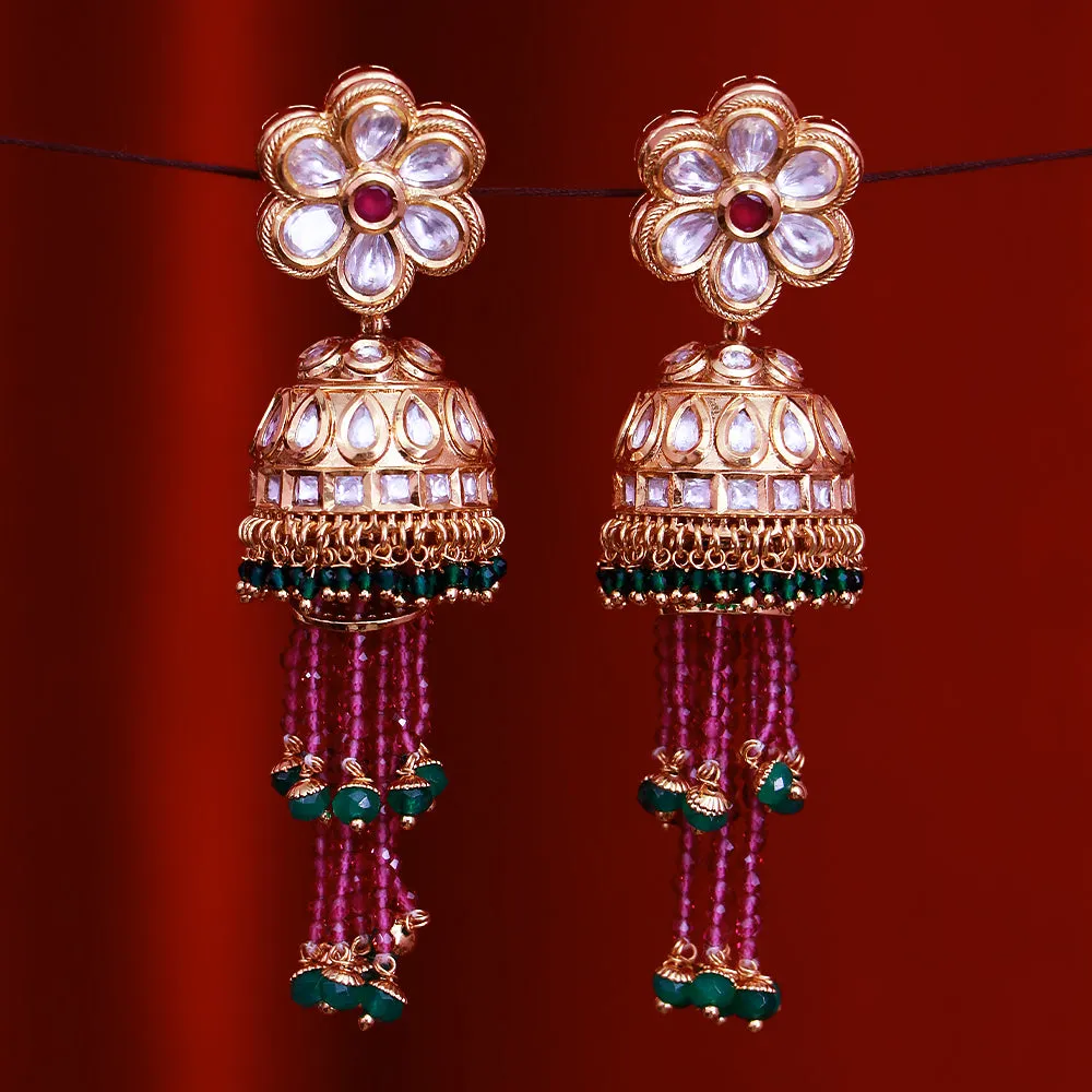 Gold Plated Beautifully Royal Kundan & Ruby Beaded Earrings (E536)