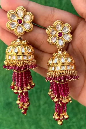 Gold Plated Beautifully Royal Kundan & Ruby Beaded Earrings (E536)