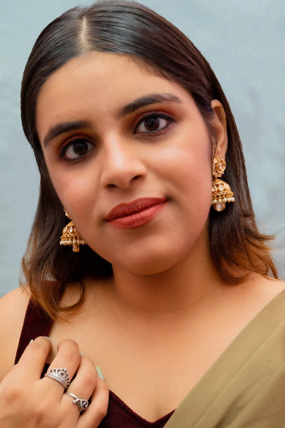 Gold Plated Beautifully Royal Kundan & Ruby Beaded Jhumki Style Earrings (E771)