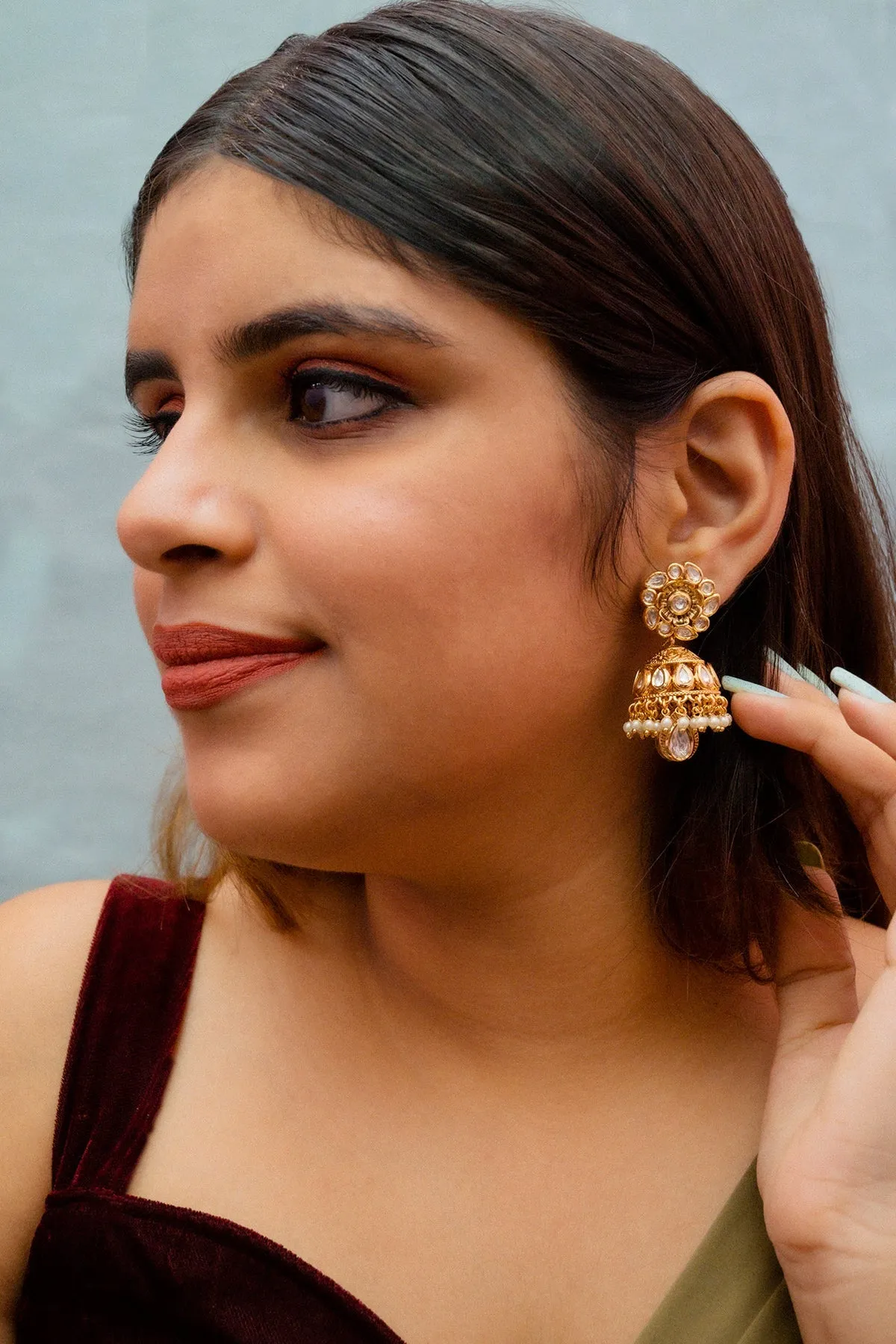 Gold Plated Beautifully Royal Kundan & Ruby Beaded Jhumki Style Earrings (E771)
