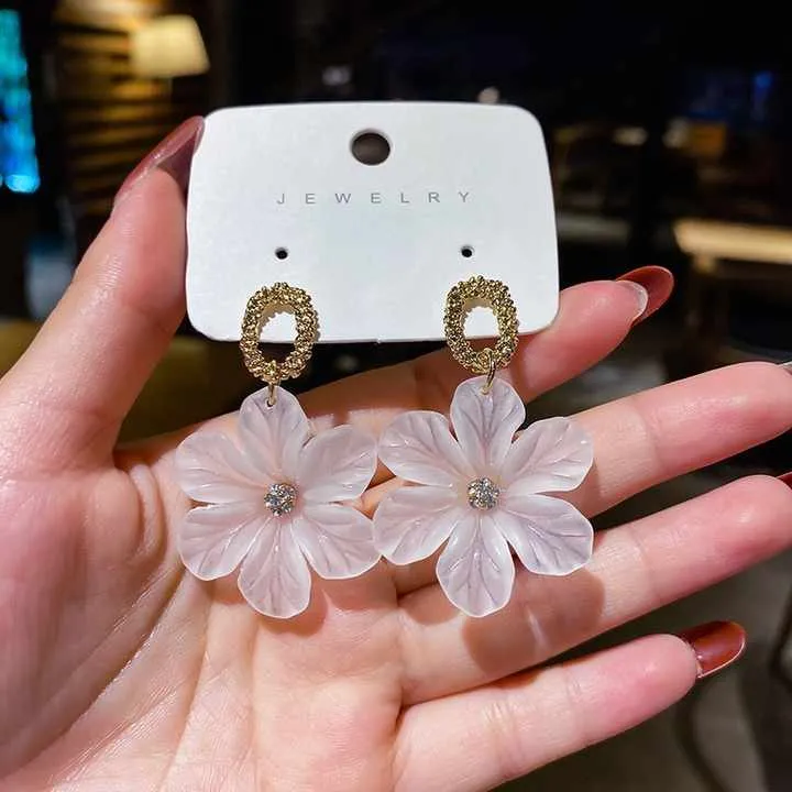 Gold Plated Big white Flower Drop Earring