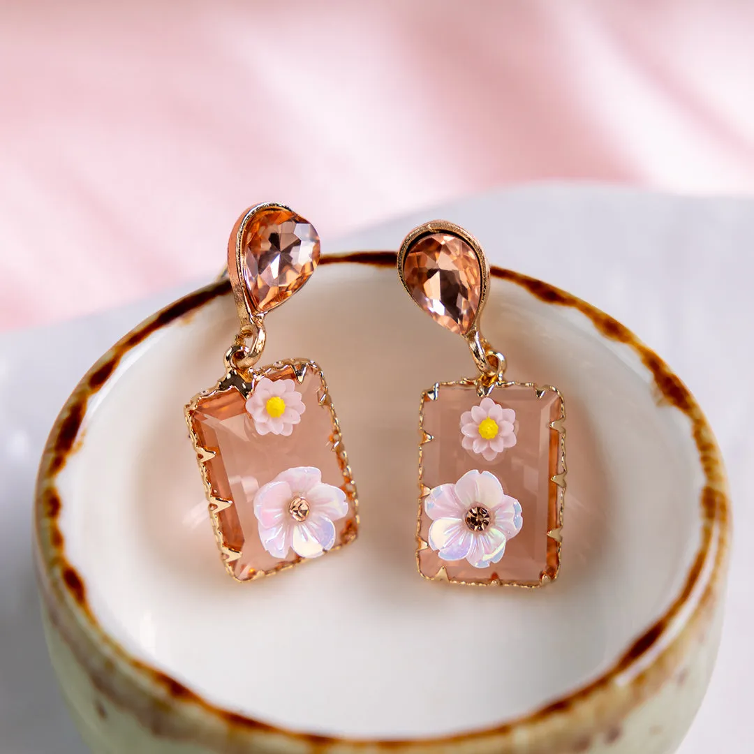 Gold Plated Pink Rhinestone Flower Earring
