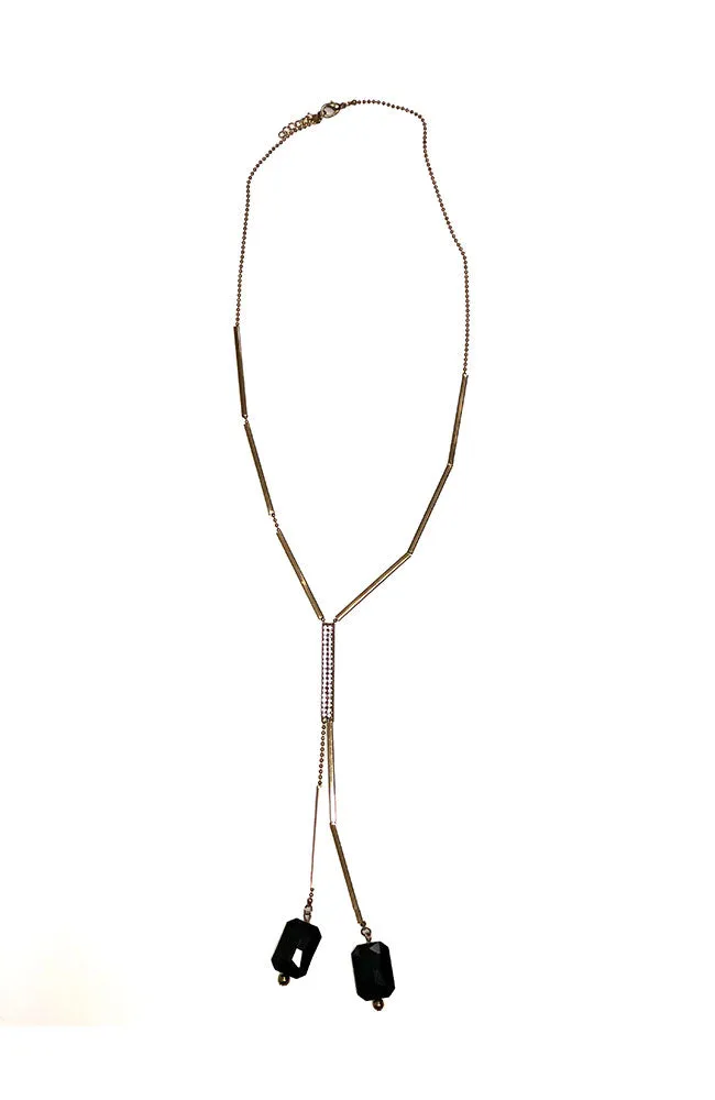 Gold Y Necklace Black Stones