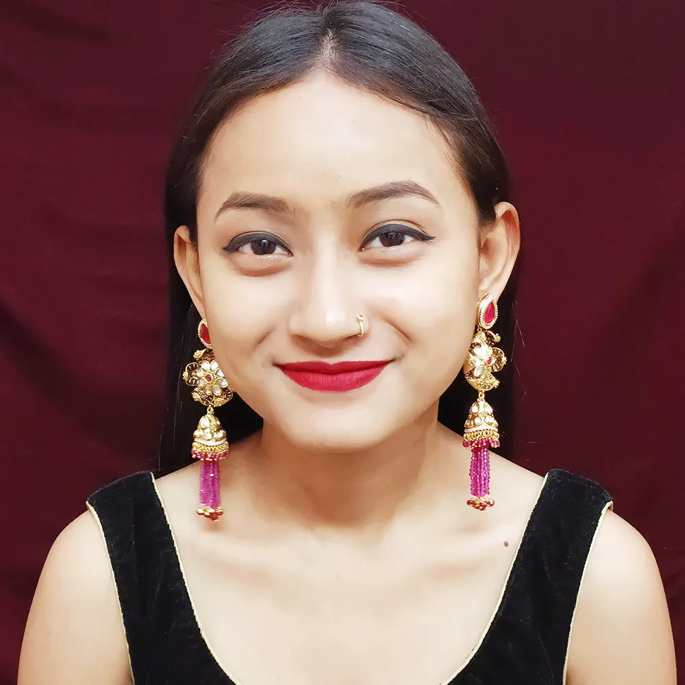 Golden Oxidized Royal Kundan & Ruby Traditional Earrings (E339)