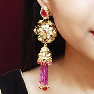 Golden Oxidized Royal Kundan & Ruby Traditional Earrings (E339)