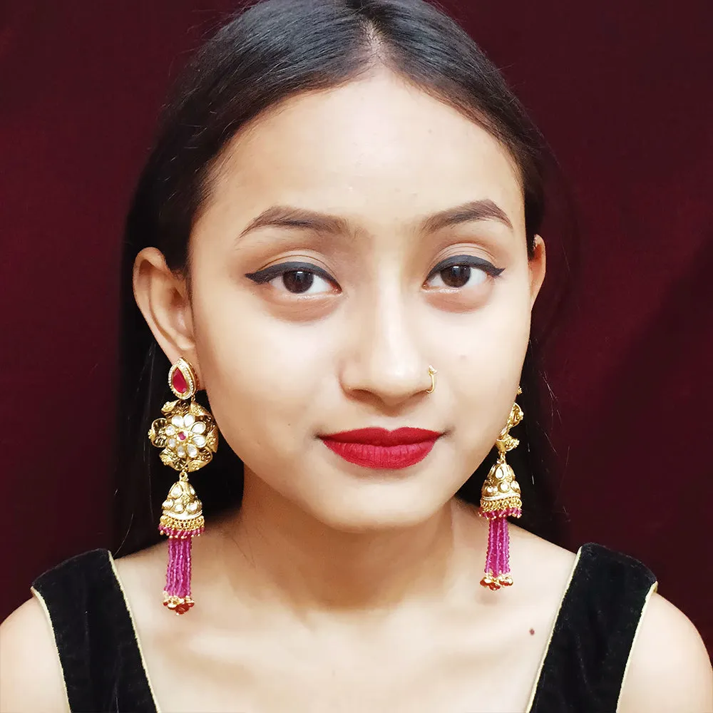 Golden Oxidized Royal Kundan & Ruby Traditional Earrings (E339)