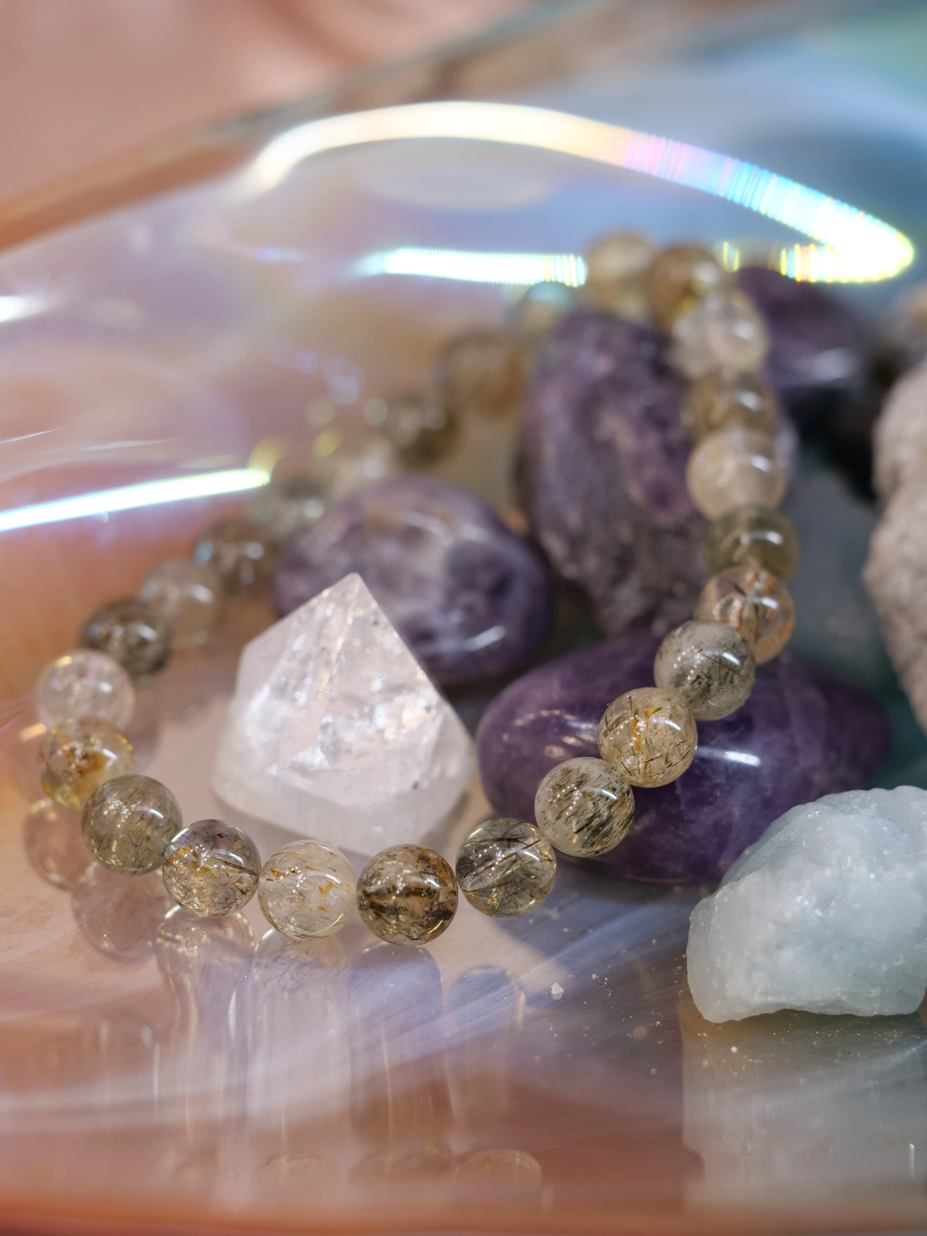 Green Rutilated Quartz 8mm Beaded Natural Gemstone Elastic Bracelet, Genuine Top Grade Gift Jewelry, Men Women Fashion Crystal Energy Jewellery