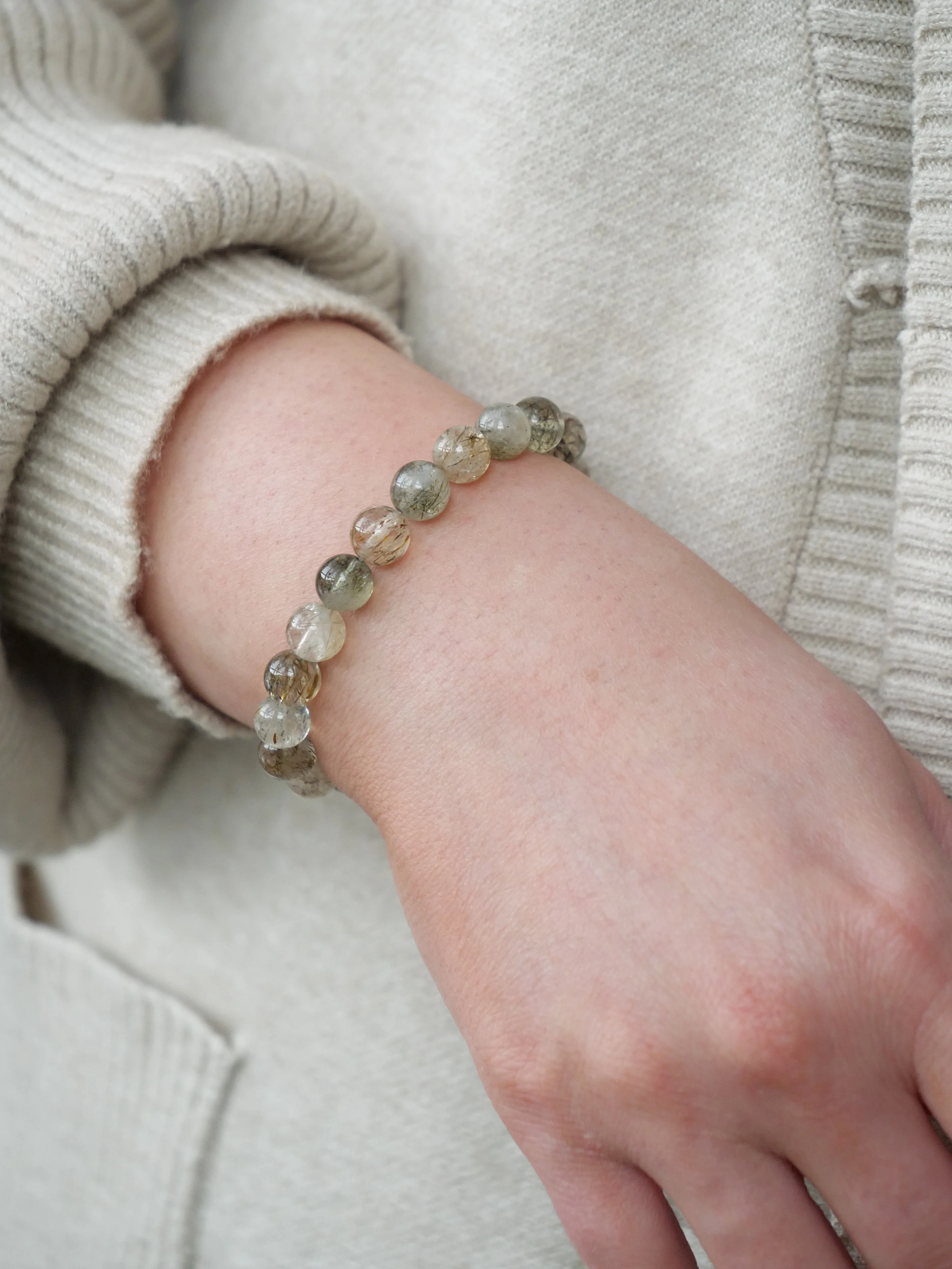 Green Rutilated Quartz 8mm Beaded Natural Gemstone Elastic Bracelet, Genuine Top Grade Gift Jewelry, Men Women Fashion Crystal Energy Jewellery