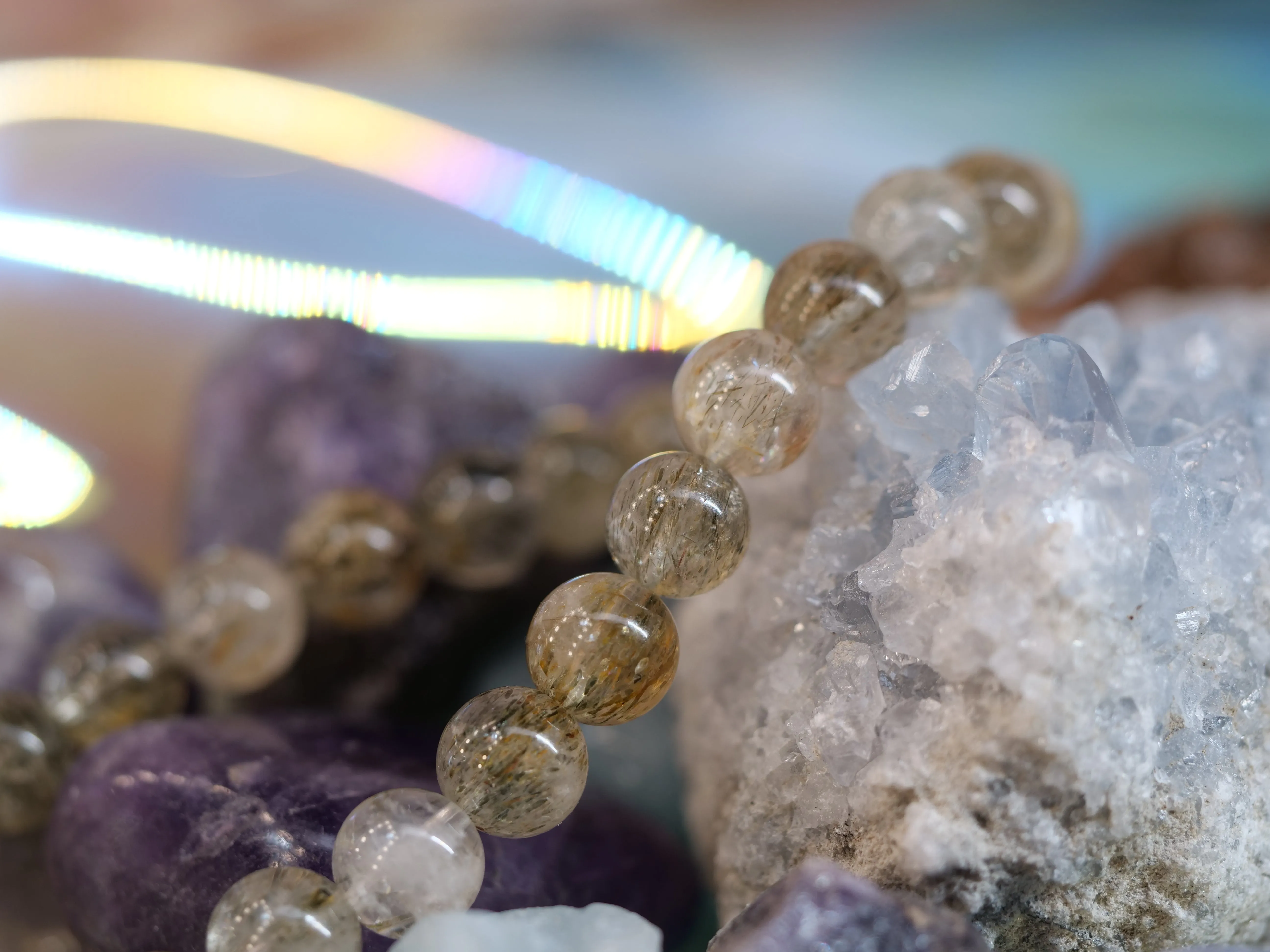 Green Rutilated Quartz 8mm Beaded Natural Gemstone Elastic Bracelet, Genuine Top Grade Gift Jewelry, Men Women Fashion Crystal Energy Jewellery