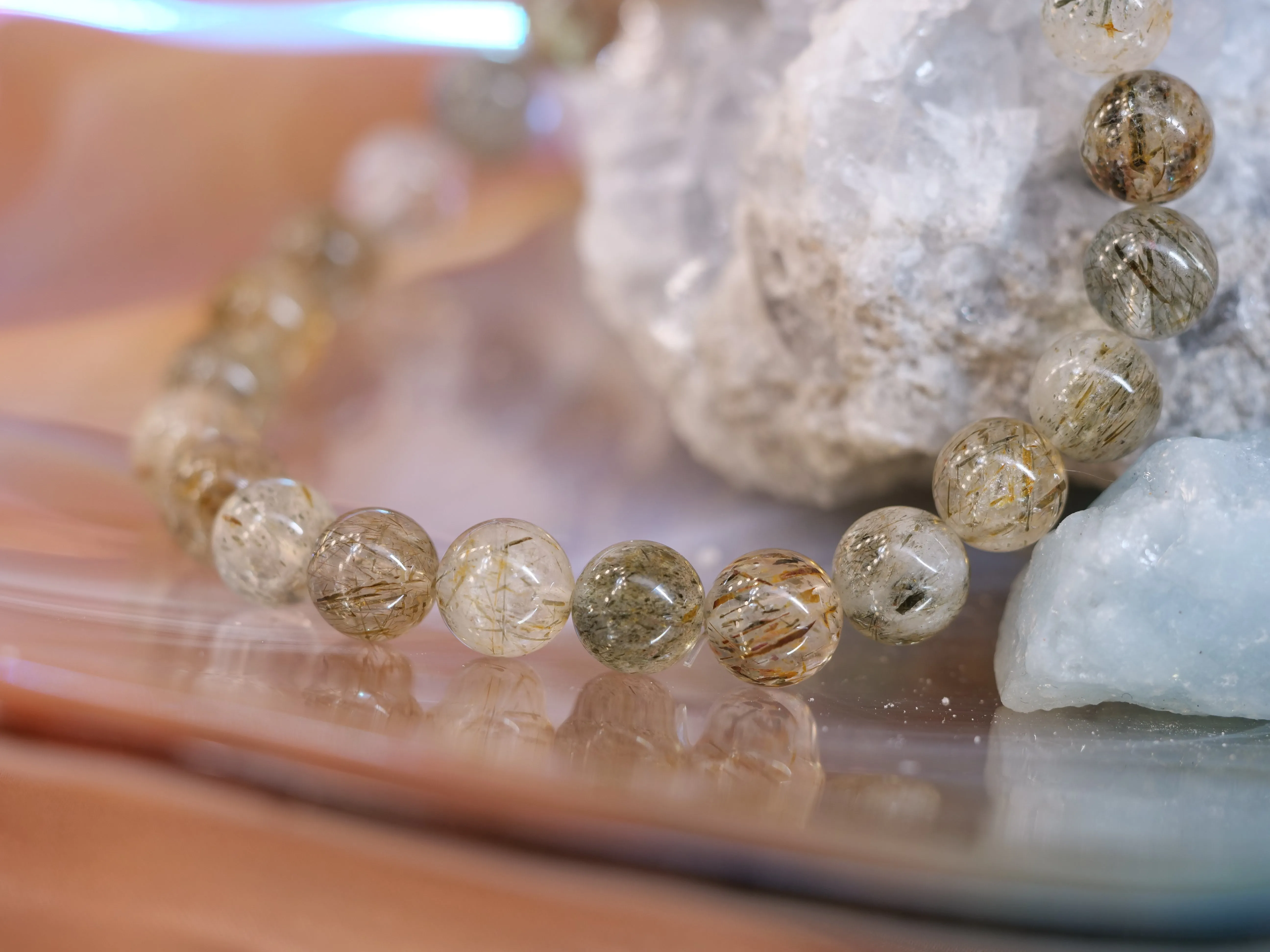 Green Rutilated Quartz 8mm Beaded Natural Gemstone Elastic Bracelet, Genuine Top Grade Gift Jewelry, Men Women Fashion Crystal Energy Jewellery