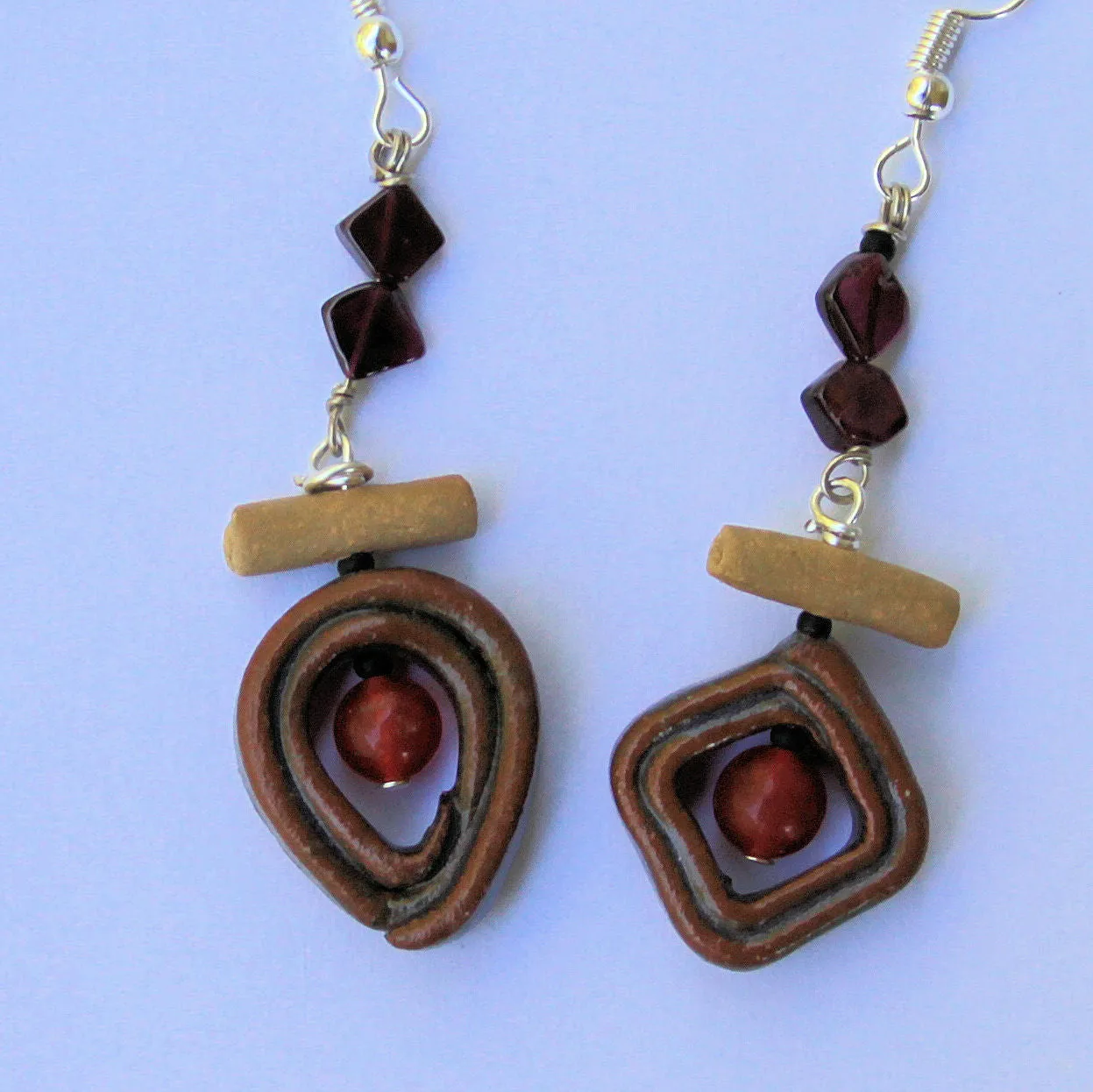 Hand Made Pottery Bead Carnelian and garnet earings by Helene Fielder
