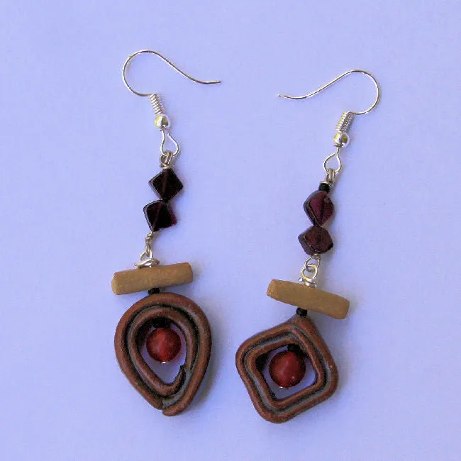 Hand Made Pottery Bead Carnelian and garnet earings by Helene Fielder