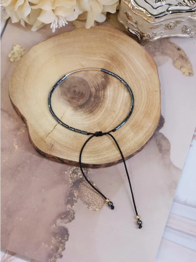 Hematite 2mm Tiny Beaded Natural Gemstone 14ct Gold Filled Cord Adjustable Bracelet, Genuine Top Grade Dainty Gift Jewelry, Women Jewellery
