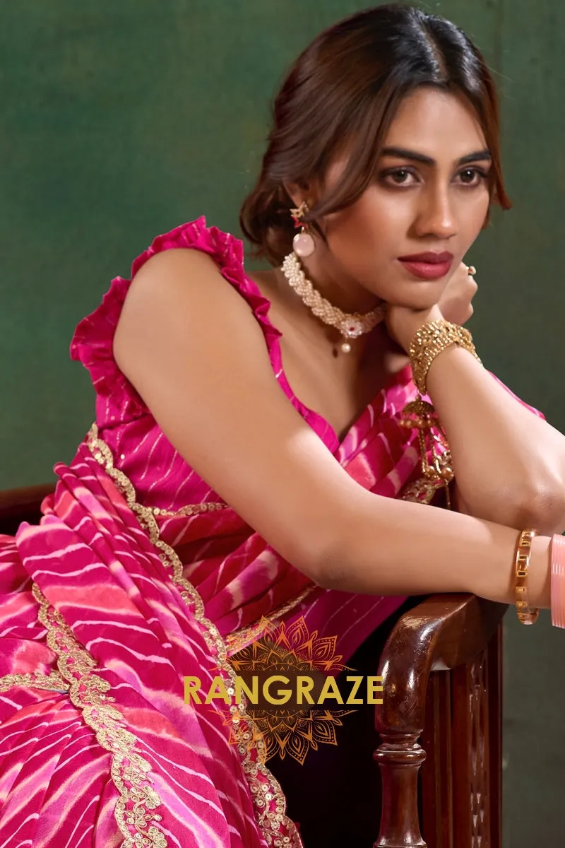 Hot Pink Pure Chiffon Saree with Striped Pattern and Embroidered Border
