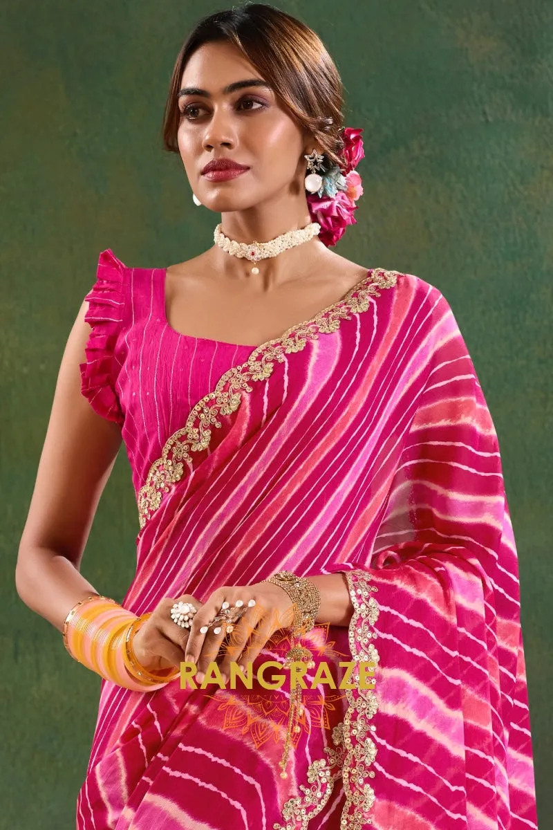 Hot Pink Pure Chiffon Saree with Striped Pattern and Embroidered Border